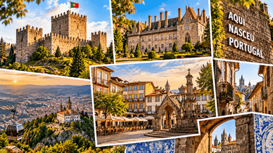 Collage mit dem Castelo de Guimarães, Paço dos Duques de Bragança, historischem Zentrum, „Aqui Nasceu Portugal“ und der Seilbahn zur Penha