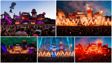 Parookaville Mainstage bei Nacht – fünf Ansichten der ikonischen Bühne mit Feuerwerk, Lasershow und Pyrotechnik vor tausenden Besuchern in Weeze