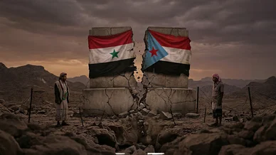 الصراع اليمني: رمزية الانقسام التاريخي والسياسي بين الشمال والجنوب انقسام اليمن (Yemen Division): نصب حجري مشقوق يحمل علمي اليمن الشمالي والجنوبي.