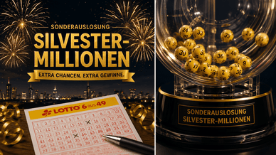 Plakat zur Sonderauslosung Silvester-Millionen mit Feuerwerk und einem Lotto 6aus49-Spielschein sowie einer Trommel mit gelben Kugeln und der Aufschrift „Silvester-Millionen“