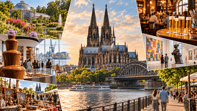 Collage mit Kölner Dom, Rhein, Botanischem Garten, Schokoladenmuseum, Brauhaus und weiteren Sehenswürdigkeiten in Köln