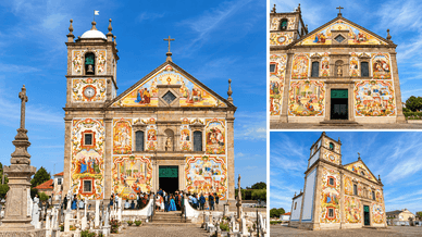 Vistas da igreja de Válega com painéis de azulejos coloridos