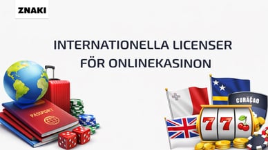 Internationella licenser för onlinekasinon – illustration med spelautomat, casinochips, tärningar, pass och globus samt flaggor från Malta, Storbritannien och Curaçao.