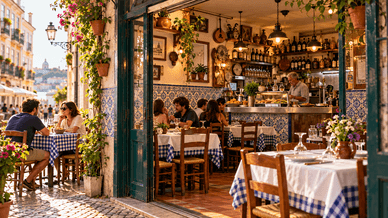 Esplanada de tasca típica com azulejos lisboetas