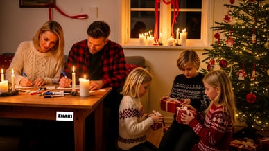 Familjen förbereder julen med julgran, ljus och paket i ett varmt svenskt vardagsrum