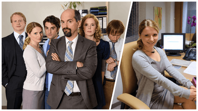 Der Cast der Serie „Stromberg“ im Büro sowie Diana Staehly als Tanja an ihrem Schreibtisch