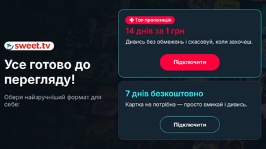 Екран вибору пробного періоду на Sweet.tv