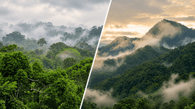 Nebelverhangene Hügel des Amazonas-Regenwaldes