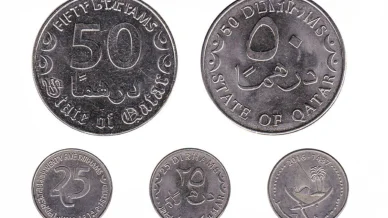 العملات المعدنية القطرية فئة 50 و 25 درهماً مجموعة من العملات المعدنية لدولة قطر من فئتي 50 و 25 درهماً، تعرض الوجهين الأمامي والخلفي مع الأرقام والرمز الوطني على خلفية بيضاء.