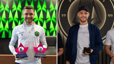 Олексій у тренувальній формі клубу тримає дві статуетки «Найкращий гравець місяця» та Олексій на тлі емблеми «Полісся» з цінним подарунком — пам'ятним перснем