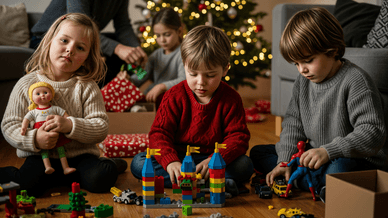 Barn leker med sina julklappar medan vuxna städar upp under en lugn svensk julkväll