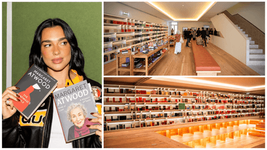 Mulher com dois livros de Margaret Atwood e estantes modernas