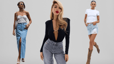 Довга джинсова спідниця з високим розрізом, чорне боді з глибоким вирізом та коротка джинсова спідниця з ефектом потертості від бренду One by One