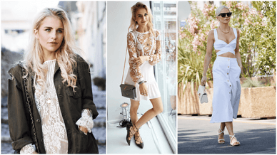 Caro Daur in drei Street-Style-Looks: Spitzenkleid mit Militärjacke, bestickter Bluse und weißem Crop-Set