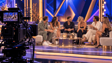 Reality-Show im TV-Studio mit Kamera und Promi-Gästen