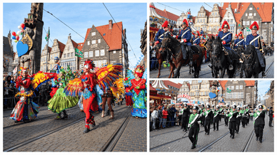Freimarkt-Umzug Bremen mit Kostümen, Reitern und Spielmannszug am Roland
