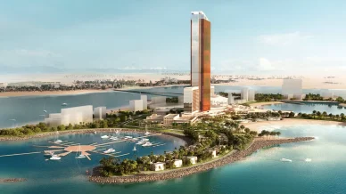 منتجع فاخر مع ناطحة سحاب مذهلة ומрина لنمط حياة راقٍ. (Luxury Resort with Stunning Skyscraper and Marina for an Upscale Lifestyle). منظر جوي لمنتجع فاخر على جزيرة اصطناعية، مع ناطحة سحاب مذهلة بواجهة زجاجية نحاسية، ومرفأ لليخوت، وفلل شاطئية، وشواطئ رملية.