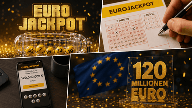 Eurojackpot-Logo mit goldenen Kugeln, ausgefüllter Spielschein „5 aus 50 + 2 aus 12“, App mit einem Jackpot von 120 Millionen Euro und goldene Plakette „120 Millionen Euro“ vor dem Hintergrund der EU-Flagge