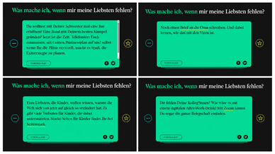Vier Beispiel-Tippkarten des Coron-A-Mat zur Kategorie mir meine Liebsten fehlen