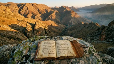 مخطوطة قديمة باللغة الكردية موضوعة على صخرة في جبال زاغروس تعكس التاريخ العميق للغة