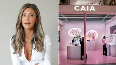 Bianca Ingrosso framför en CAIA Cosmetics-butik