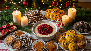 Svenska julefterrätter som Ris à la Malta, knäck, pepparkakor och lussekatter uppdukade på ett julbord