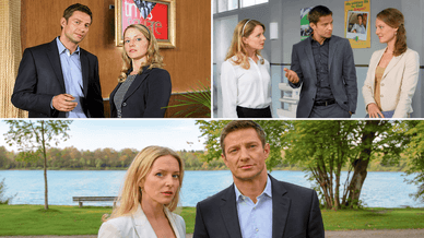 Drei Szenen mit Diana Staehly als Patrizia Ortmann im Gespräch mit einem Mann im Anzug, in einem Flur und am See