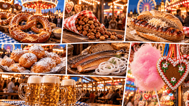 Brezel, gebrannte Mandeln, Bratwurst, Schmalzkuchen und Aal auf dem Bremer Freimarkt