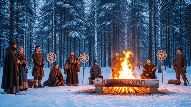 Nordisk midvinterscen med människor som firar en hednisk yulefest i ett snötäckt landskap upplyst av eld.