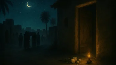 مشهد ليلي يرمز إلى شهادة فاطمة الزهراء، حيث تظهر جنازتها في الخلفية وباب بيتها المفتوح مع شمعة وورود بيضاء.