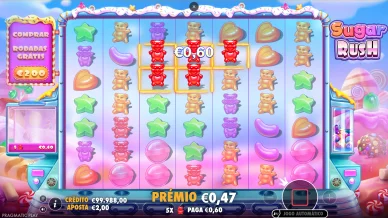 Capture d’écran de Sugar Rush montrant une combinaison de bonbons avec un gain affiché à 0,60 €.