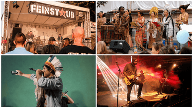 Collage von vier Bühnen des Museumsuferfestes: Rockband auf der Feinstaub-Bühne, asiatisches Ensemble in Trachten, Künstler mit Indianerkopfschmuck und Rockkonzert im roten Licht