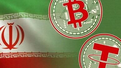 دور البيتكوين والتيثر في التحويلات المالية وتجاوز العقوبات العملات الرقمية في إيران (Cryptocurrency in Iran): علم إيران يندمج مع رموز عملتي البيتكوين والتيثر الرقمية المصممة كلوحات دوائر إلكترونية.
