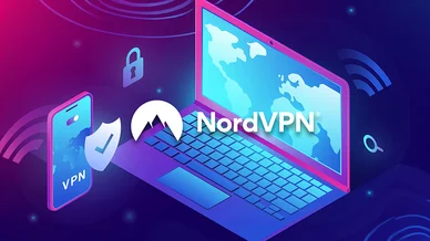 حاسوب محمول وهاتف ذكي يعرضان تطبيقات حماية مع علامة NordVPN ورموز الأمان الرقمي مثل القفل والدرع على خلفية تقنية زرقاء وبنفسجية.