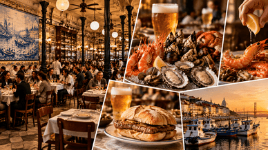 Cervejaria cheia com marisco, prego e barcos ao entardecer