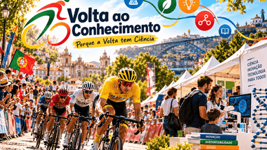 Ilustração da Volta ao Conhecimento com ciclistas em corrida e um stand de ciência com microscópio e crianças