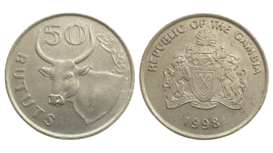 Монета номіналом 50 бутутів з Республіки Гамбія, випущена в 1998 році