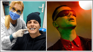 LON3R JOHNY numa clínica dentária a colocar grillz e em retrato com luz colorida