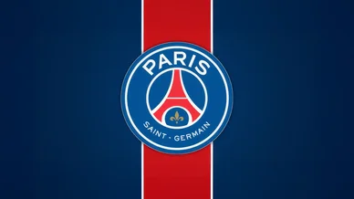 Logo officiel du Paris Saint-Germain sur fond bleu et rouge.