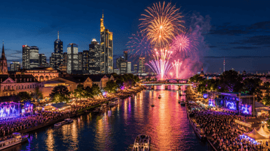 Nachtpanorama des Museumsuferfestes in Frankfurt: Feuerwerk über dem Main, Menschenmassen an beiden Ufern und die beleuchtete Skyline der Stadt