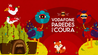 Ilustração oficial do festival Vodafone Paredes de Coura com animais coloridos