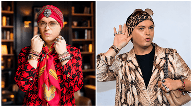 Julian F.M. Stoeckel in rotem Turban und mit Leoparden-Stirnband