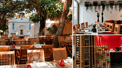 Pátio ajardinado com fonte de azulejos do Restaurante Terra