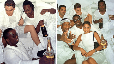 Актор Леонардо Ді Капріо та P Diddy, які відпочивають на одній із приватних «білих вечірок» організованих у 1990-х роках