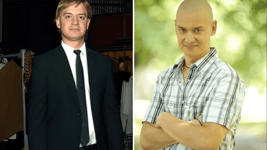 Євген Кошовий у чорному костюмі, білій сорочці з краваткою та на початку кар'єри