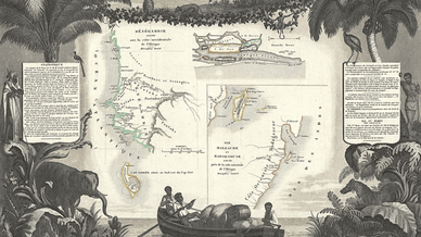 Иллюстрированная карта французских колоний в Африке (Сенегамбии и Мадагаскара), созданная французским картографом Виктором Левассером в середине XIX века