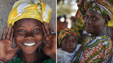 Молодая улыбающаяся девушка в ярко-желтом тюрбане и женщина с младенцем на руках