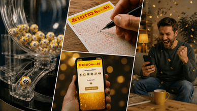 Weiße Lottokugeln mit Zahlen auf einem rosa Lottoschein und Spielscheine für Lotto 6aus49 von Lotto Baden-Württemberg