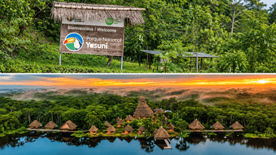 Eingangsschild und Lodge im Yasuní-Nationalpark