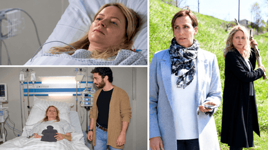 Diana Staehly in Krankenhausszenen im Bett sowie eine Szene im Freien mit einer Frau, die einen Holzast hält